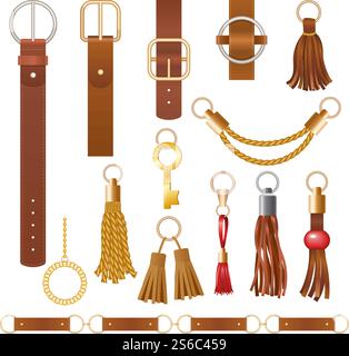 Belt elements. Fashion leather chains fabric furniture elegant jewelry for clothes vector collection. Illustration leather belt and strap, gold ornament and buckle accessory. Belt elements. Fashion leather chains fabric furniture elegant jewelry for clothes vector collection Stock Vector