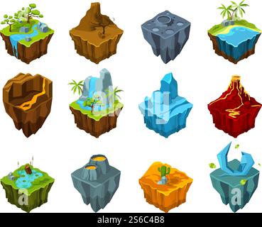 Island isometric. Flying lands with different types of textures crystal moon volcano crater water vector preset for games. Landscape game island mountain and water, isometric flying lands illustration. Island isometric. Flying lands with different types of textures crystal moon volcano crater water vector preset for games Stock Vector