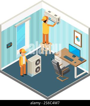 Install air conditioner. Technicians fixed electrical and cooling heating systems at office room vector isometric pictures. Illustration of install service, repair conditioning. Install air conditioner. Technicians fixed electrical and cooling heating systems at office room vector isometric pictures Stock Vector