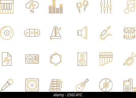 Musicians icons. Audio recording studio tools acoustic guitar piano microphone music vector colored pictures. Illustration of sound music and audio, studio musical icons set. Musicians icons. Audio recording studio tools acoustic guitar piano microphone music vector colored pictures Stock Vector