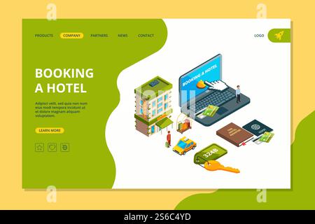 Booking hotel. Order online search reservation hotel room appartment for travellers isometric vector pictures. Illustration of hotel service and online booking. Booking hotel. Order online search reservation hotel room appartment for travellers isometric vector pictures Stock Vector