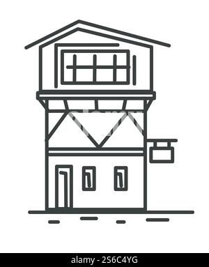 Building isolated linear icon, hotel or motel isolated suburban construction vector. Travel accommodations, sideroad house, room booking or flat rent. Traveling and tourism, town architecture. Hotel or motel isolated linear icon, side road building Stock Vector