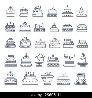 Birthday cake, fruit and chocolate pastries, wishes and greetings isolated outline icon vector. Celebrating anniversary dessert, tiramisu or cheese cake. Crepe and ice cream, festive candles. Holiday dessert, cake isolated outline icons, pastry food Stock Vector