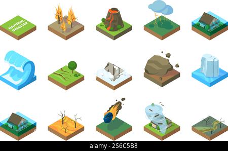 Natural disaster. Global climate change environment earthquake storm tsunami wildfire in forest flood vector pictures isometric. Earthquake disaster, hurricane and drought illustration. Natural disaster. Global climate change environment earthquake storm tsunami wildfire in forest flood vector pictures isometric Stock Vector