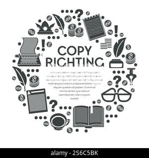 Copy righting poster with typewriter and notebooks in circle vector. Copyright monochrome icons of glasses and cup of coffee. Feather in ink pot, vintage pen and dollar coins with question mark. Copy righting poster with typewriter and notebooks in circle Stock Vector