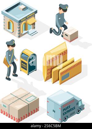 Postal service. Cargo delivery office postcards envelope postbox mail letters vector isometric illustrations. Mail post and envelope, express truck with parcels. Postal service. Cargo delivery office postcards envelope postbox mail letters vector isometric illustrations Stock Vector