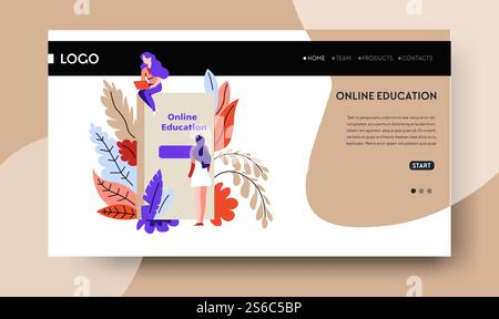 Distant education, start learning online web page template vector. Book or textbook, Internet site, graduation and certificate receiving. Knowledge, studying subjects or personal development courses. Start learning online, distant education landing web page Stock Vector