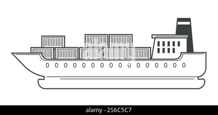 Cargo ship, freight transporting, transport and containers isolated icon vector. Industrial logistics, freighter and sea delivery, international shipping. Export and import of goods through ocean. Freight shipping and cargo ship, water transport and containers Stock Vector