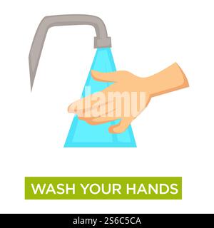 Hygiene and cleanliness, hands washing, water current, sink tap vector. Palms dirt removal, daily routine or bathroom procedure, infections and disease prevention. Isolated human body part limb. Hands washing, hygiene and cleanliness, medical advice, water current Stock Vector