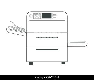 Office multifunction printer or copy machine and paper, isolated object vector. Electronic laser copier device, printing studio, paperwork and xerography. Typography technology, print out documents. Printer or copy machine and paper documents isolated object Stock Vector