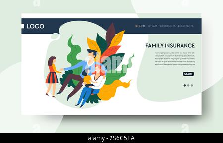 Family insurance, pediatric clinic and hospital services, healthy life landing web page vector. Health care, medical protection, providing security. Medical treatment and financial payment, emergency. Healthcare and family insurance, pediatric clinic and hospital services Stock Vector