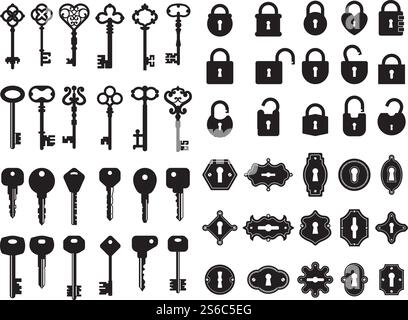 Keys and keyhole. Logo collection of modern and retro house keys secret gate padlock vector badges. Illustration of padlock and key, keyhole silhouette security. Keys and keyhole. Logo collection of modern and retro house keys secret gate padlock vector badges Stock Vector
