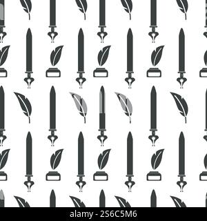 Feather and pen, writer tool seamless pattern vector. Copywriting and storytelling, literature and literacy endless texture. Writing equipment and creativity symbol monochrome wallpaper print. Pen and feather, writing tools seamless pattern, copywriting symbols Stock Vector