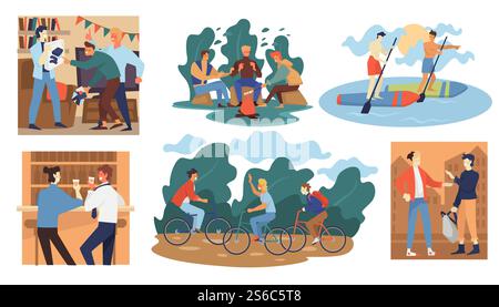 Friends on vacation, people spending time together vector. Active lifestyle traveling and riding bicycle, camping in summer. Guys drinking in bar talking. Neighbors in city, youth in forest by fire. Friends on vacation, people spending time together vector Stock Vector