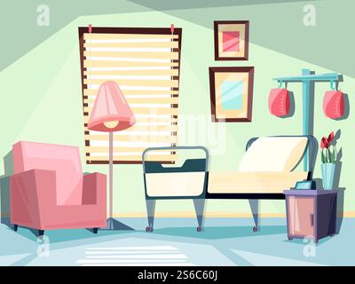 Hospital room. Medical empty interior with couch chair ambulatory bed vector illustrations. Room ward medical with couch and chair. Hospital room. Medical empty interior with couch chair ambulatory bed vector illustrations Stock Vector