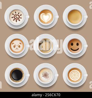 Coffee cups. Cappuccino latte americano top view of realistic hot morning drinks vector illustrations. Cappuccino and latte top view, beverage drink morning. Coffee cups. Cappuccino latte americano top view of realistic hot morning drinks vector illustrations Stock Vector