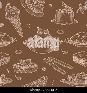 Sweets and cakes, desserts and bakery food seamless pattern isolated on light brown background vector. Italian pizza slice, bread sticks and pudding with orange slice. Ice cream in crispy cone. Sweets and cakes, desserts and bakery food seamless pattern Stock Vector