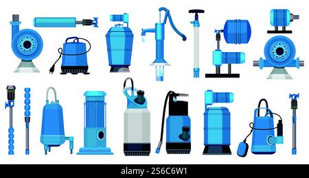Water pumps. Iron electric motor systems pumps industrial pumping water or oil tanks vector pictures. Illustration of industry motor pump, oil petrol industrial. Water pumps. Iron electric motor systems pumps industrial pumping water or oil tanks vector pictures Stock Vector