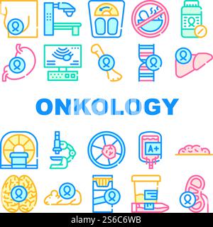 Oncology Examination Collection Icons Set Vector. Oncology Radiation Therapy Machine And Human Organ Cancer, Blood For Transfusion And Melanoma Concept Linear Pictograms. Color Contour Illustrations. Oncology Examination Collection Icons Set Vector Stock Vector