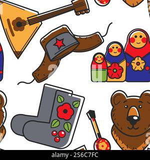 Traveling Russian country symbols stereotypes seamless pattern vector balalaika and hat with ear flaps nesting doll or matrioshka bear and felt boots, wooden spoon with ornament endless texture. Russian country symbols stereotypes seamless pattern traveling Stock Vector