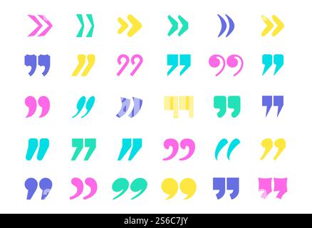 Quote marks isolated on white background. Color quotation marks vector icons collection. Commas for note, citation remark concept illustration. Quote marks isolated on white background. Color quotation marks vector icons collection Stock Vector