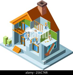 House renovation. Repair rooms walls floor in residential buildings home workers with equipment installing construct vector isometric. Renovation building, repair house interior illustration. House renovation. Repair rooms walls floor in residential buildings home workers with equipment installing construct vector isometric Stock Vector