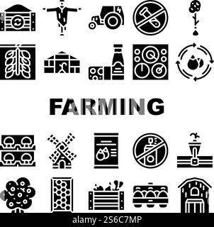 Organic Eco Farming Collection Icons Set Vector. Electrical Tractor And Mill, Organic Farm Greenhouse And Barn, Dairy Products And Eggs Glyph Pictograms Black Illustrations. Organic Eco Farming Collection Icons Set Vector Stock Vector