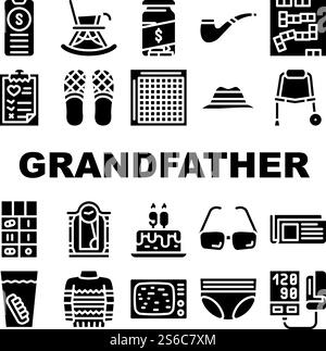 Grandfather Accessory Collection Icons Set Vector. Grandfather Glasses And Tv, False Jaw In Cup And Sweater, Newspaper And Hat, Domino And Bingo Glyph Pictograms Black Illustrations. Grandfather Accessory Collection Icons Set Vector Stock Vector
