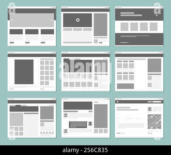 Web pages layout. Internet browser windows with website elements interface ui template vector design. Illustration of window browser, website menu or homepage architecture. Web pages layout. Internet browser windows with website elements interface ui template vector design Stock Vector