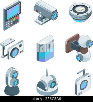 Secure cam isometric. Cctv home security cameras electronic systems vector 3d illustrations. Technology security, video system control. Secure cam isometric. Cctv home security cameras electronic systems vector 3d illustrations Stock Vector