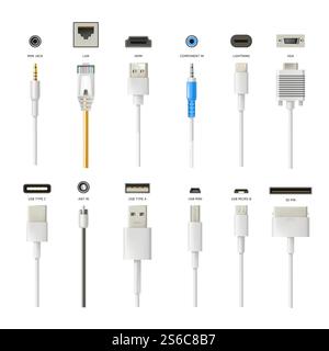 Connectors and plugs with wires isolated icons, technologies vector. Mini jack and lan, HDMI and component in, lightning and VGA. USB C, A, B and mini, ANT 14 and 13 pin, charger or connection device. Plugs and wires isolated icons, connectors, modern technologies Stock Vector