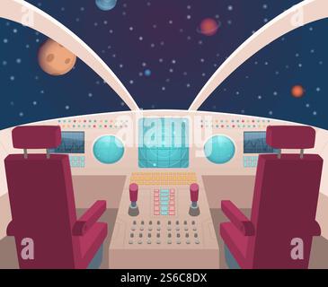 Spaceship cockpit. Shuttle inside interior with dashboard panel vector illustration in cartoon style. Rocket ship inside, spacecraft dashboard. Spaceship cockpit. Shuttle inside interior with dashboard panel vector illustration in cartoon style Stock Vector