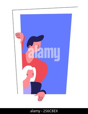 Window woman and man looking out from apartment girl and guy vector isolated icon windowsill evening in big city or town female, and male characters watching on street couple in flat plastic framework. Man and woman in window couple looking out from apartment Stock Vector