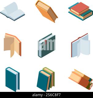 Books isometric. Diary open and closed magazines and books library colorful isometric vector collection. Illustration of literature knowledge, textbook and dictionary, isometric group of books. Books isometric. Diary open and closed magazines and books library colorful isometric vector collection Stock Vector
