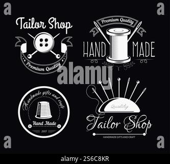 Sewing or tailor shop silhouette icons set in round. Vector ...