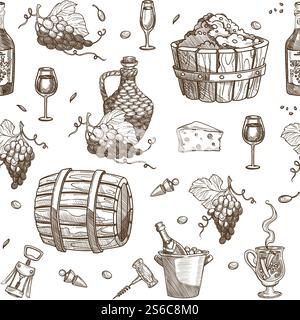 Wine barrels with fermenting beverage and grapes vector seamless pattern monochrome sketch outline cheese and bottle, with alcoholic drink winery and cork glass and fruits berries viticulture. Wine barrels with fermenting beverage and grapes vector Stock Vector