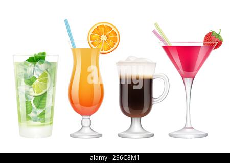 Summer cocktails realistic. Alcoholic drinks in glasses with ice tropical fruits irish coffee vodka margarita mojito colored vector. Acohol drink mojito cocktail, beverages bar illustration. Summer cocktails realistic. Alcoholic drinks in glasses with ice tropical fruits irish coffee vodka margarita mojito colored vector Stock Vector