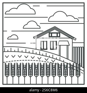 Farming and agriculture, wheat field and village house outline drawing vector. Rural farmland landscape, hills and suburban building, countryside view. Crop or harvest and barn, ranch or farm. Wheat field and village house, farming and agriculture, countryside Stock Vector