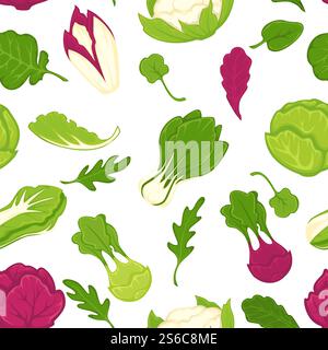 Lettuce and salad leaves parsley herbs and greenery for seasoning vector seamless pattern isolated on white background vitamins dietary meal, leafy product harvest used in dishes and healthy dishes. Lettuce and salad leaves parsley herbs and greenery for seasoning Stock Vector