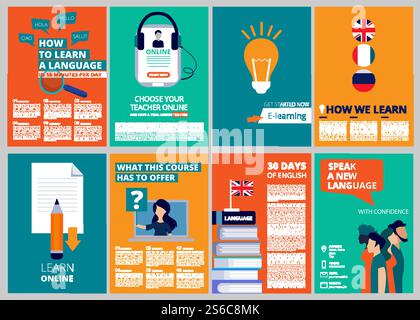 Education brochure covers. Training and courses vector magazine cover templates. Illustration of language education and training, presentation leaflet. Education brochure covers. Training and courses vector magazine cover templates Stock Vector