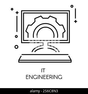 IT engineering and app development isolated outline icon vector. Writing code, multitasking, smart computer program testing and speed optimization. Monitor with cogwheel, digital technologies. App development and it engineering isolated outline icon Stock Vector