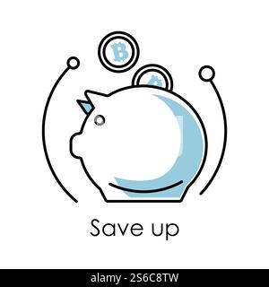 Pig or piggy bank and falling bitcoins, save up isolated outline icon vector. Modern earnings and savings, convert dollar bill to crypto coins. Virtual money, online business and commerce, finance. Save up isolated icon, piggy bank and falling bitcoins Stock Vector