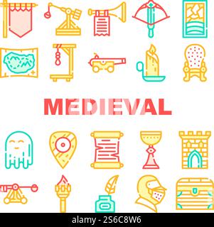 Medieval Middle Age Collection Icons Set Vector. Medieval Castle And Stained Glass, Knight Helmet And Shield, Candle And Torch, Map And Catapult Concept Linear Pictograms. Color Contour Illustrations. Medieval Middle Age Collection Icons Set Vector Stock Vector