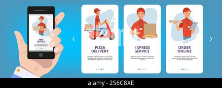 Onboarding screens. Internet web cards frame layout app for food pizza online order vector templates collection. Pizza online and fast service delivery illustration. Onboarding screens. Internet web cards frame layout app for food pizza online order vector templates collection Stock Vector