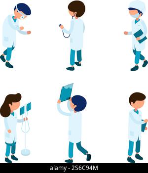 Doctors isometric. Medical staff paramedic surgeon ambulance person hospital characters 3d vector isometric collection. Medic professional doctor, clinic staff illustration. Doctors isometric. Medical staff paramedic surgeon ambulance person hospital characters 3d vector isometric collection Stock Vector