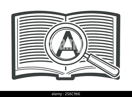 Open book with magnifying glass and zoomed letter vector. Isolated colorless icon of textbook, conducting research or looking for parts in text. Publication with tool for enlarging written info. Open book with magnifying glass and zoomed letter Stock Vector