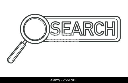 Search tool magnifying glass and inscription in box vector. Looking for particular item, web site or engine optimization colorless icon. Finding elements monochrome loupe in flat style illustration. Search tool magnifying glass and inscription in box Stock Vector