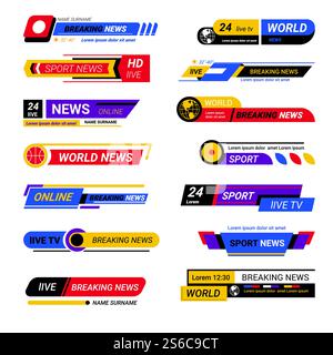 Breaking news template title, TV channel live report bars, isolated icons vector. Streaming or video, sport broadcast, television header or headline. World or globe info, dashboard, daily program. TV live report headers, breaking news titles or bars Stock Vector