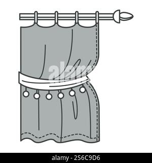Window curtains or drapery, house interior design, home textile or fabric, isolated icon vector. Cotton cloth with ribbon on cornice, bedroom or living room decoration. Blind or gardin, silk portiere. Curtains or drapery, house interior design, home textile Stock Vector