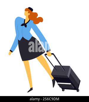 Stewardess or air hostess carrying suitcase, flight attendant, airplane crew isolated character vector. Girl in uniform and hat, baggage or luggage. Airline worker, woman and container on wheels. Air hostess or stewardess, flight attendant in uniform with suitcase Stock Vector